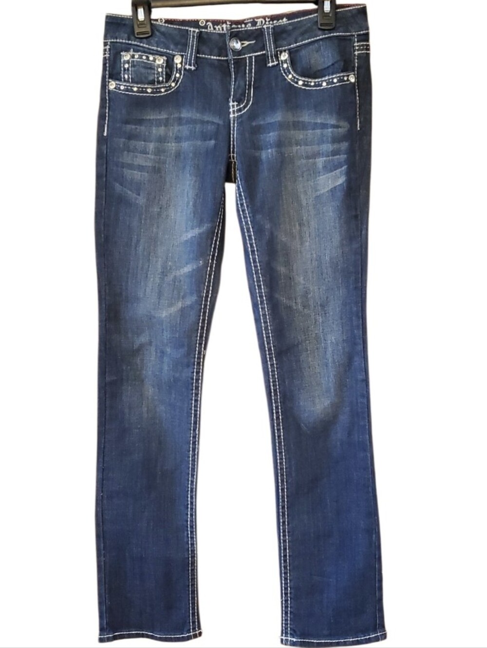 Antique‎ Rivet Classic Women's Dark Blue Straight-Leg Jeans With Rhinestones